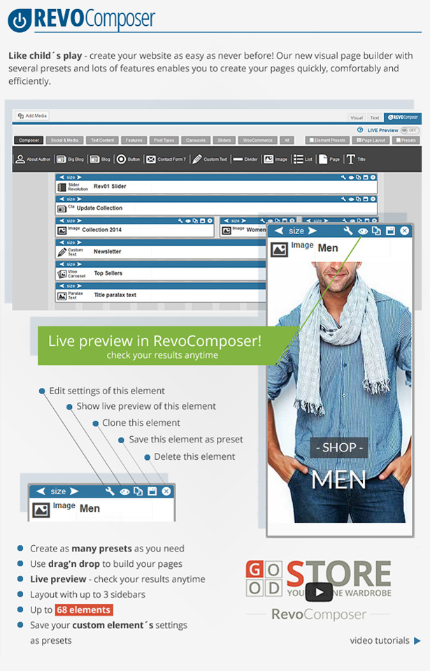 RevoComposer - Like child´s play - create your website as easy as never before! Our new visual page builder with several presets and lost of features enables you to create your pages quickly, comfortably and efficiently