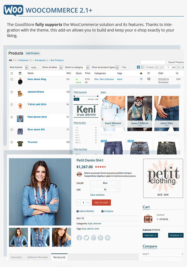 WooCommerce - the GoodStore fully supports the WooCommerce solution and its features. Thanks to integration with the theme, this add-on allows you to build and keep your e-shop exactly to your liking